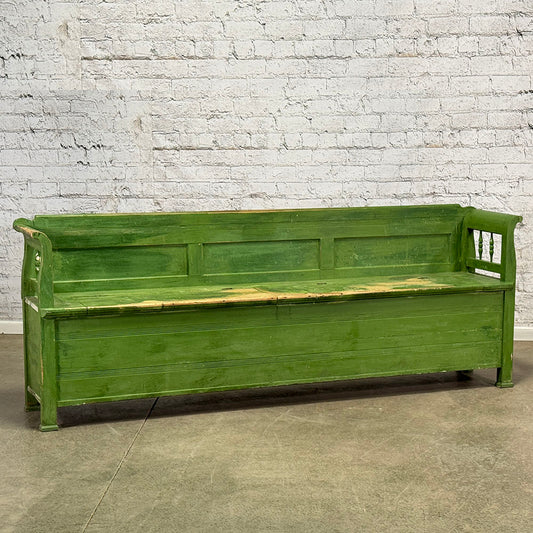 Antique European Bench with Storage, Green