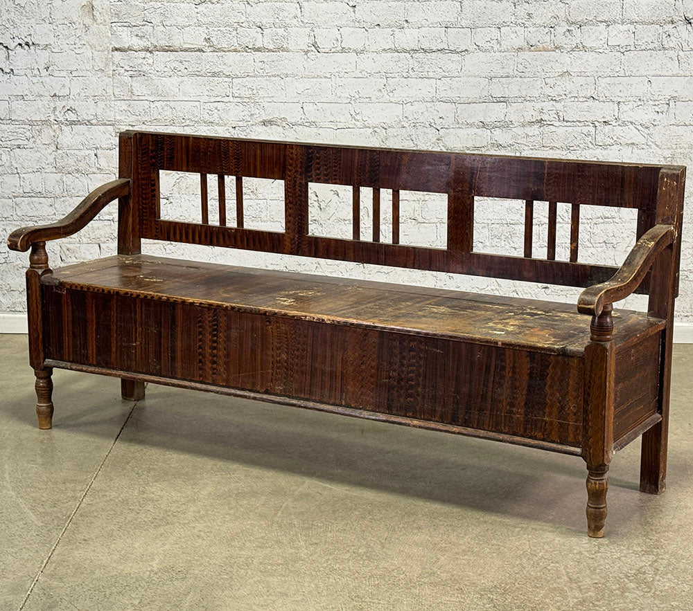 Traditional Folk Art Paint Antique European Bench with Storage
