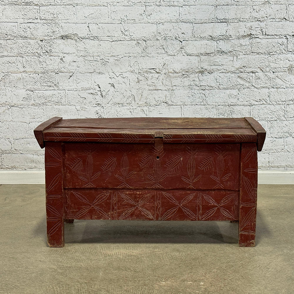 Antique European Primitive Bed Box with Original Red Paint