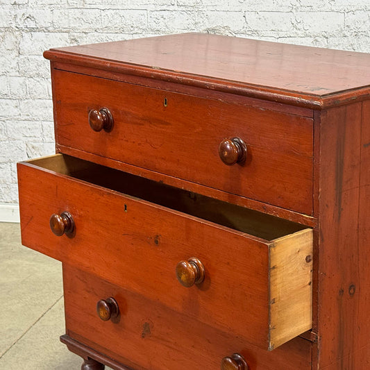 Antique English Pine Chest of Drawers with Red Varnish