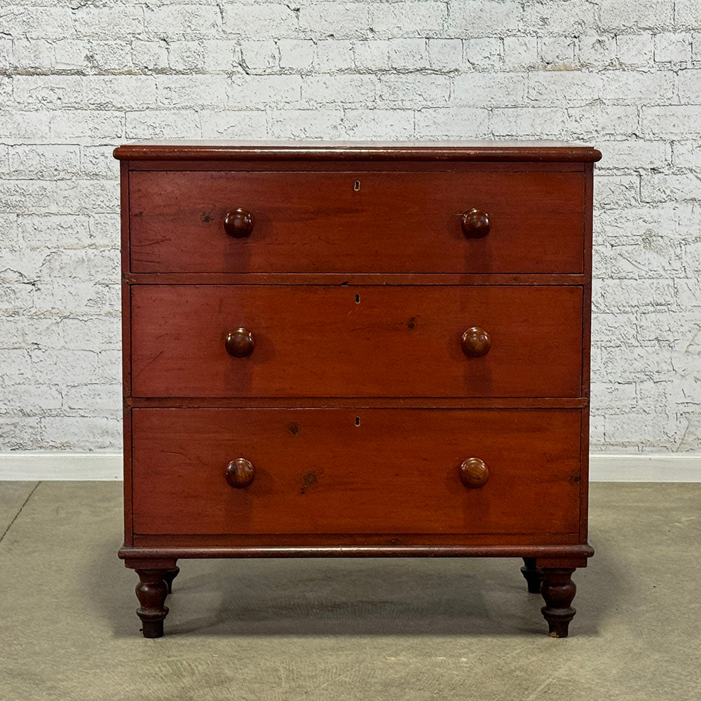 Antique English Pine Chest of Drawers with Red Varnish