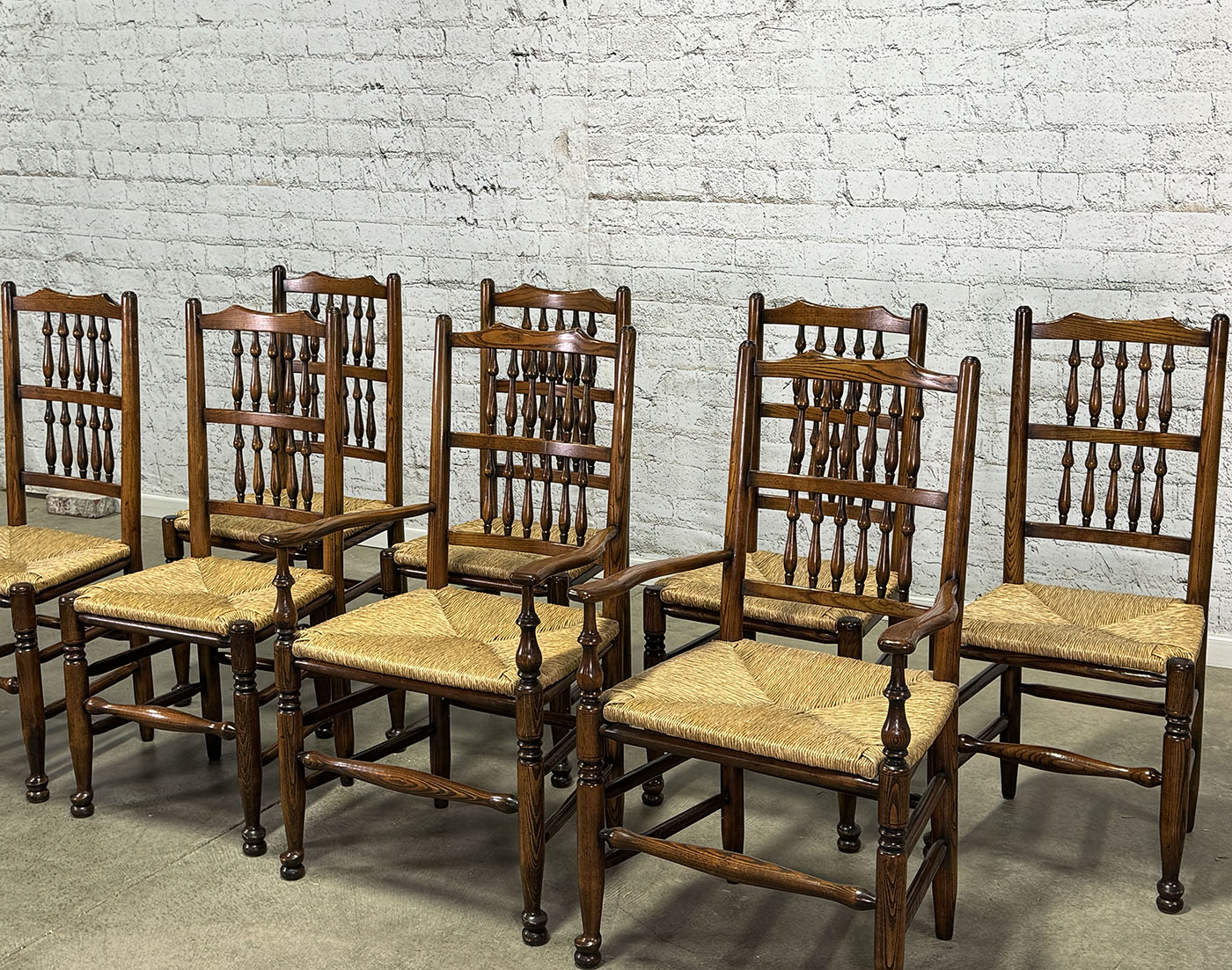Set of Eight Vintage Spindle Back Chairs with Rush Seat