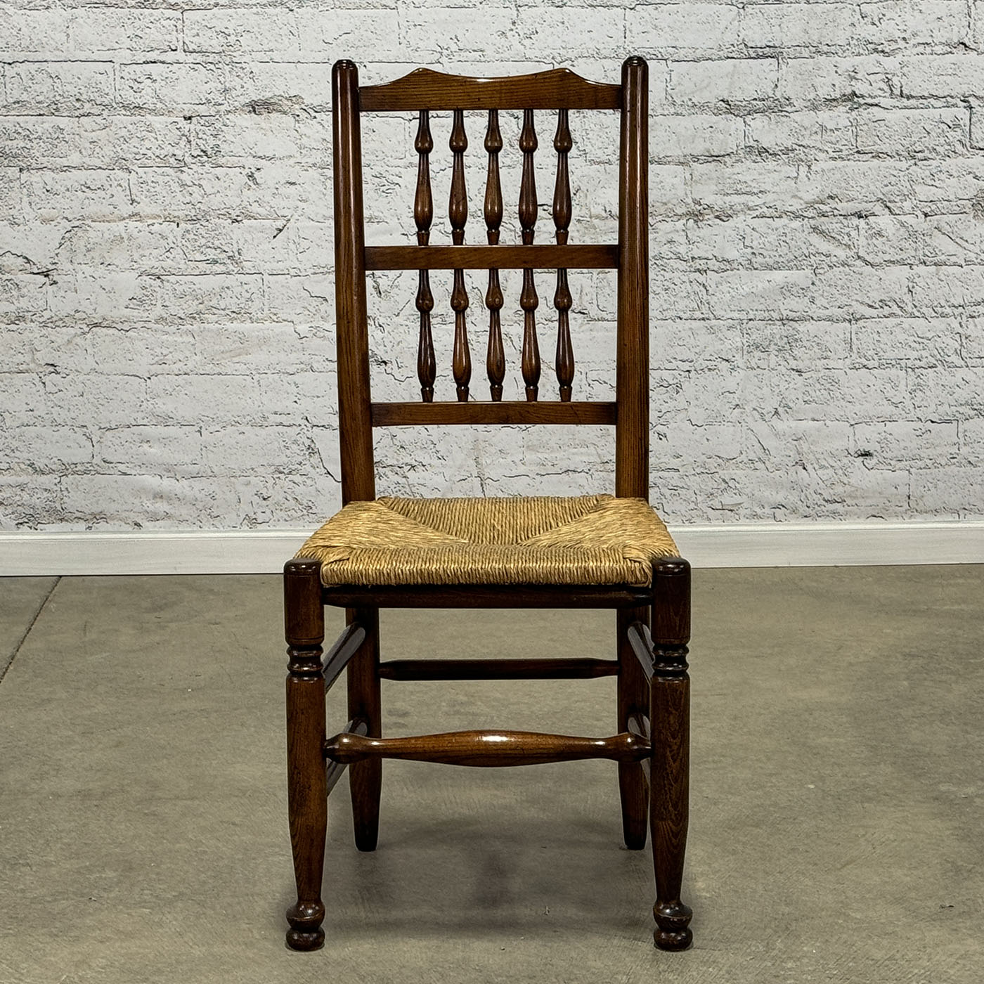 Set of Eight Vintage Spindle Back Chairs with Rush Seat