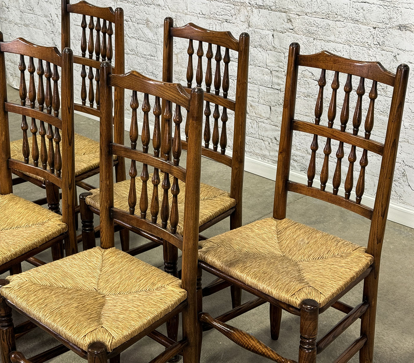 Set of Eight Vintage Spindle Back Chairs with Rush Seat