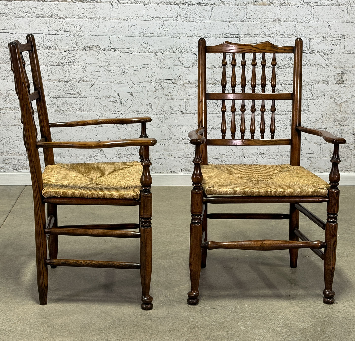 Set of Eight Vintage Spindle Back Chairs with Rush Seat