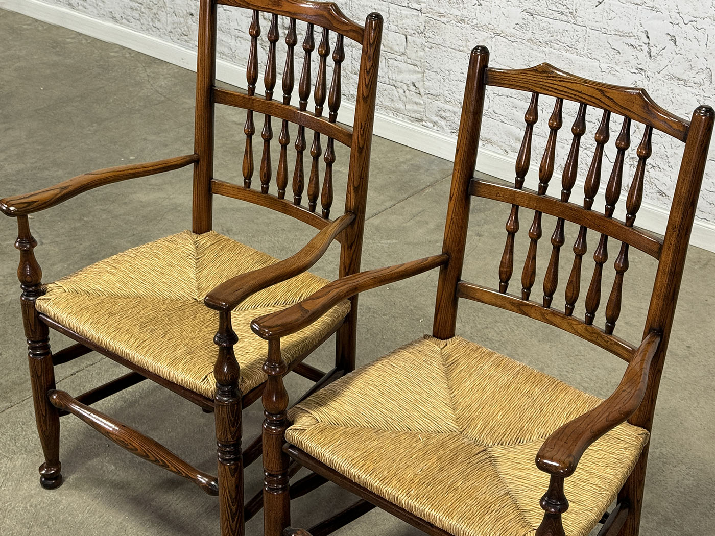 Set of Eight Vintage Spindle Back Chairs with Rush Seat