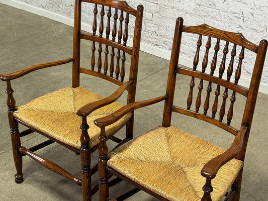 Set of Eight Vintage Spindle Back Chairs with Rush Seat