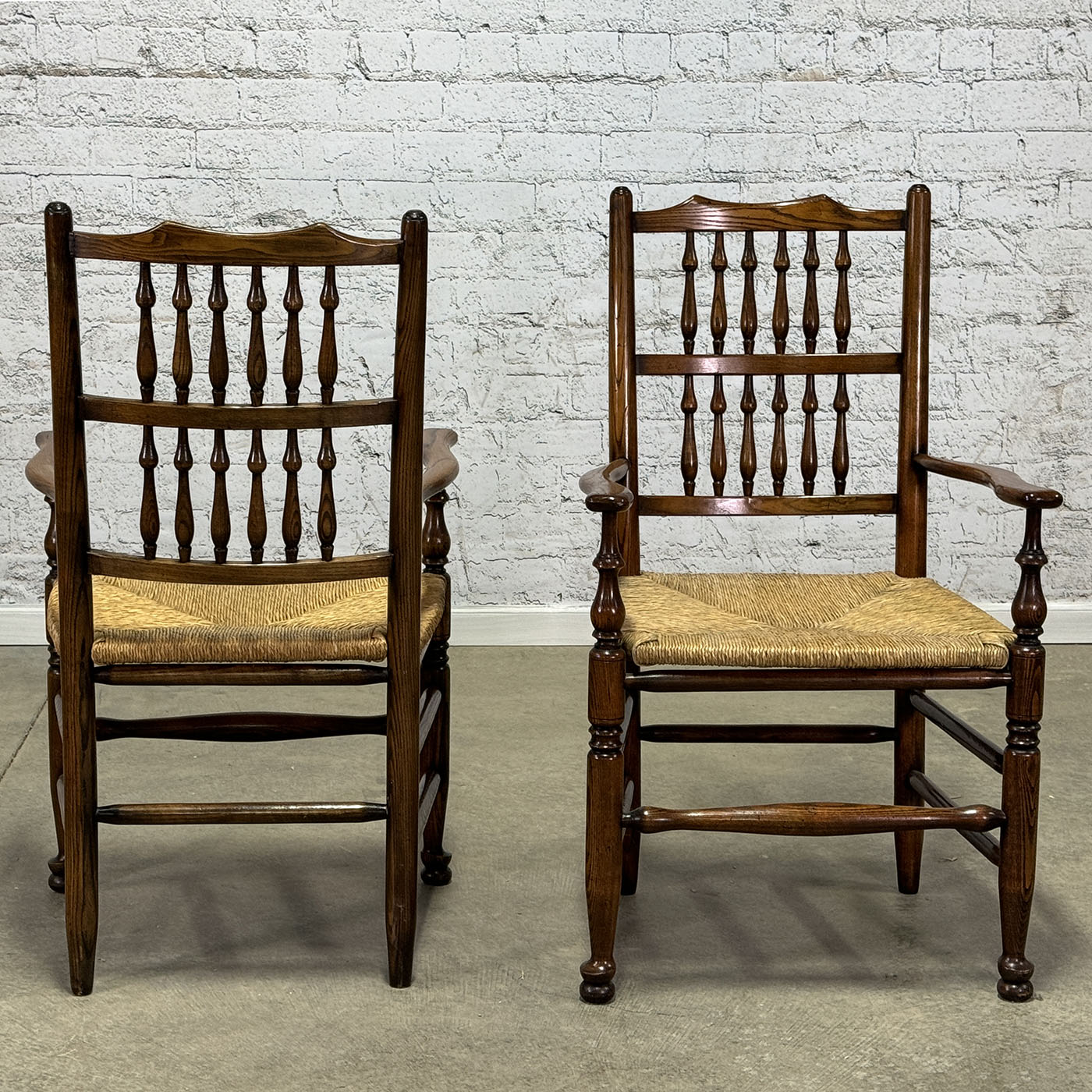 Set of Eight Vintage Spindle Back Chairs with Rush Seat