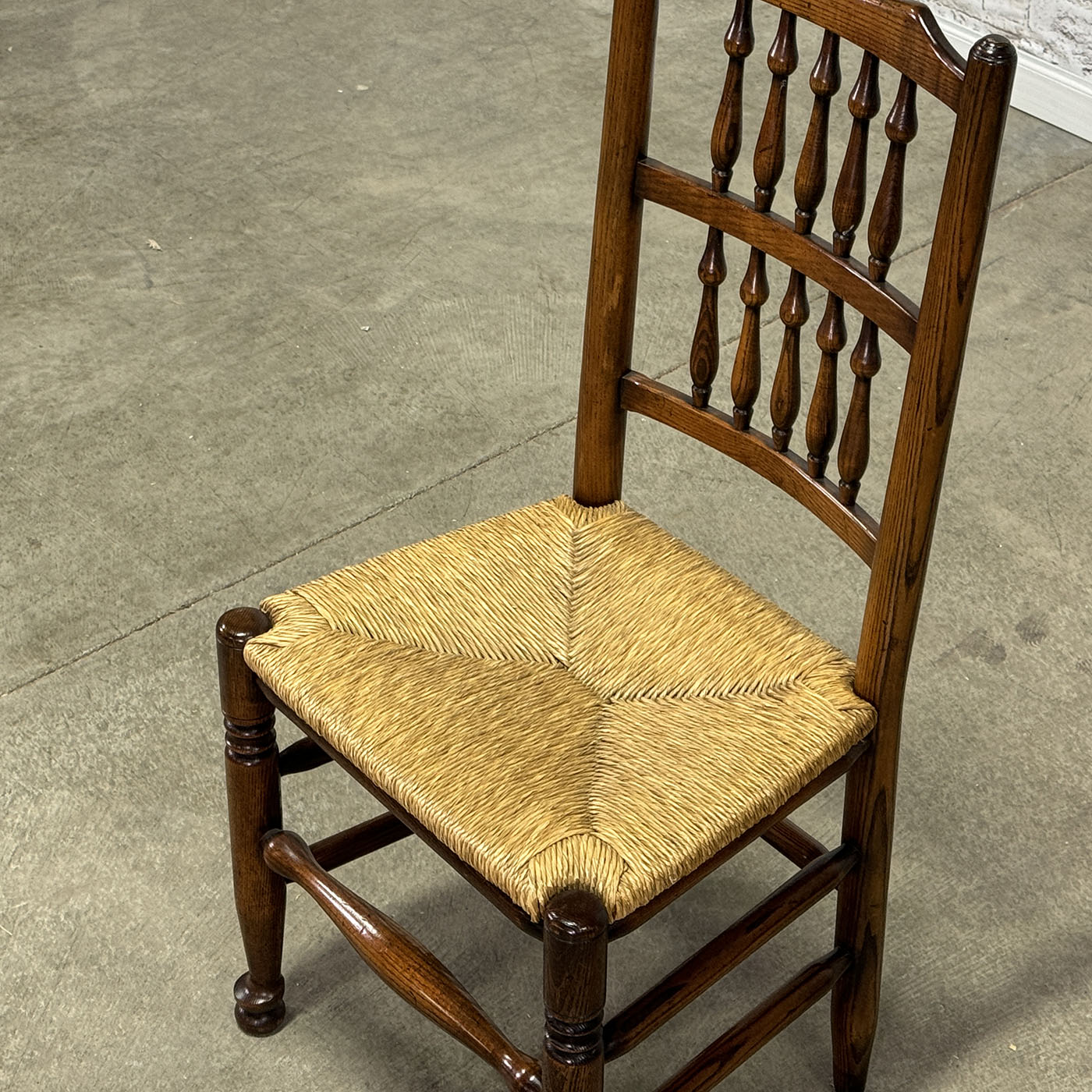 Set of Eight Vintage Spindle Back Chairs with Rush Seat