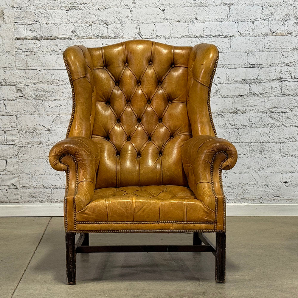 Antique English Leather Tufted Wing Chair
