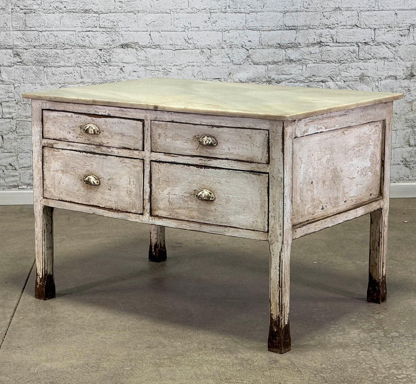 Antique Catalan Marble Top Island w/ 4 Drawers