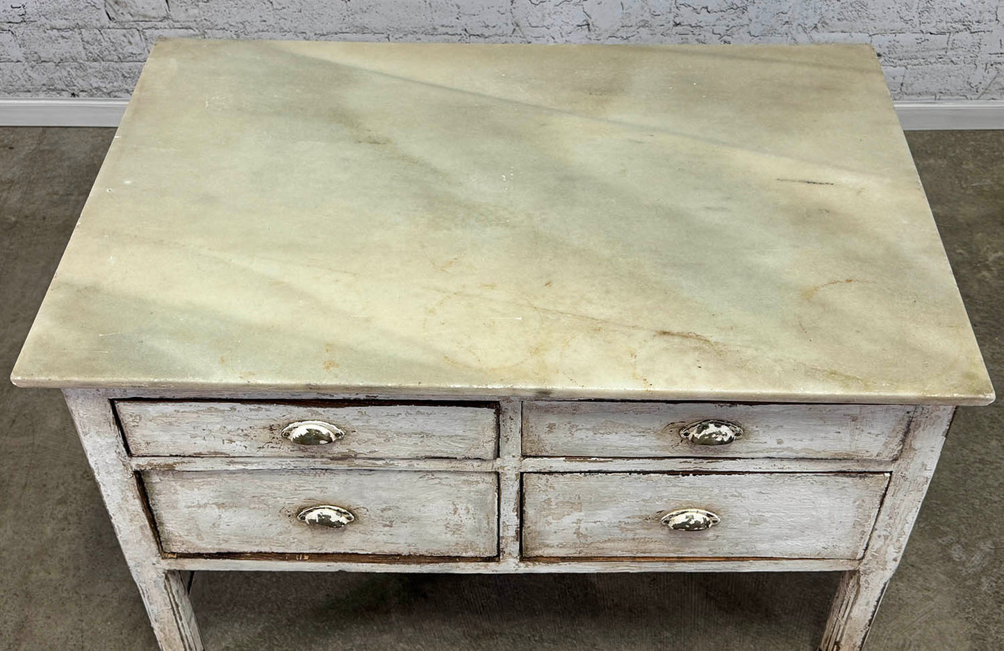 Antique Catalan Marble Top Island w/ 4 Drawers