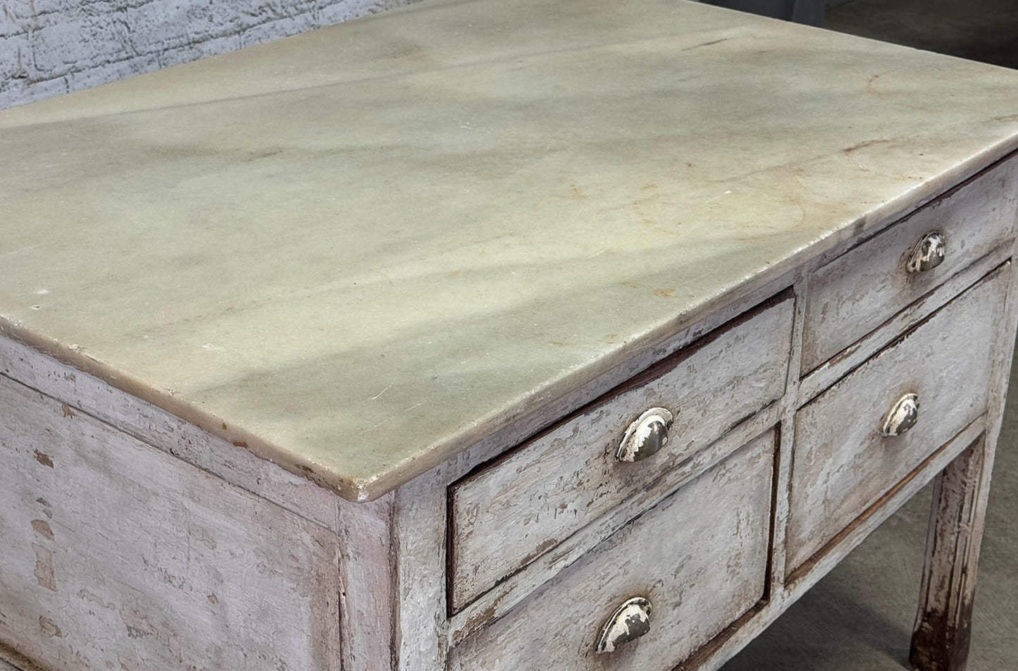 Antique Catalan Marble Top Island w/ 4 Drawers