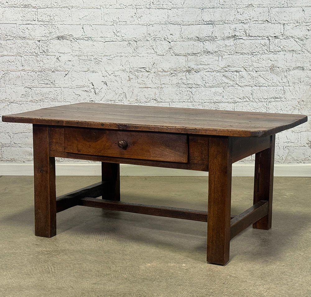 French Walnut Coffee Table with Drawer, Burgundy