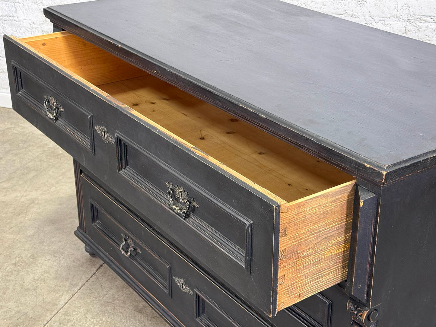 Antique Black Pine Three Drawer Dresser Base