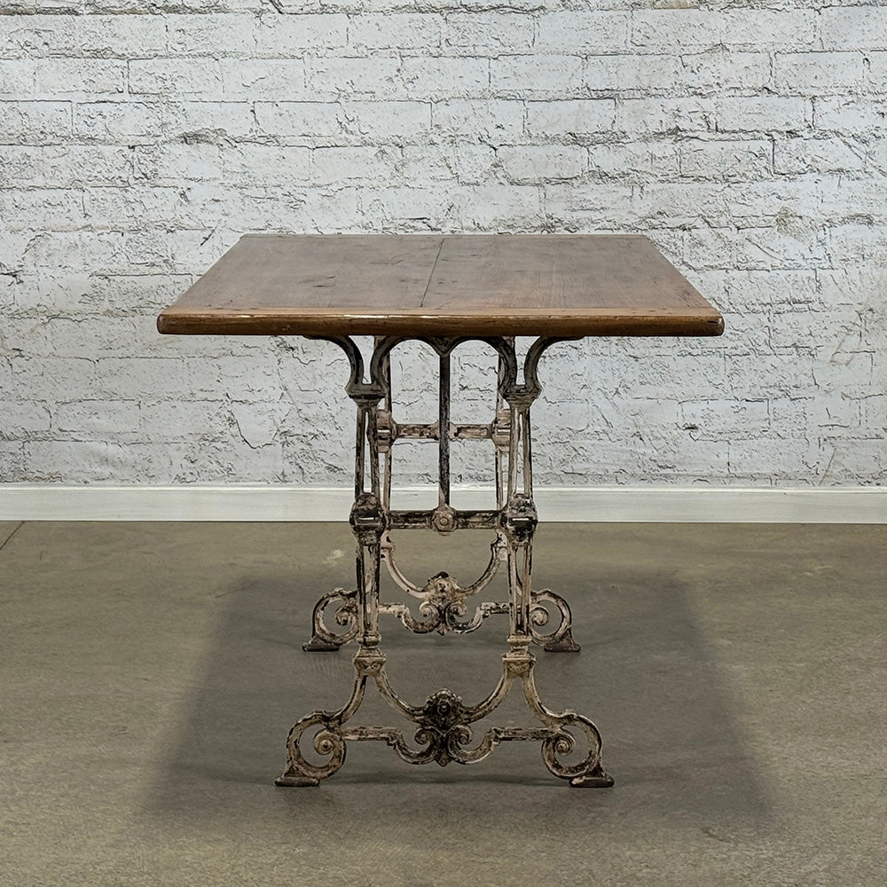 Antique French Pine Top Cast Iron Base Dining Table