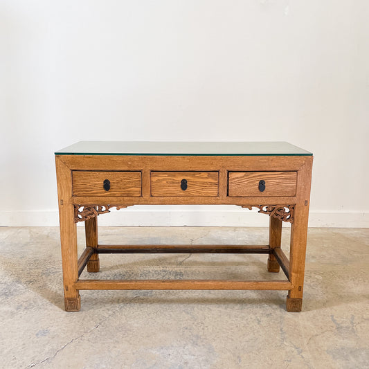 Asian Sofa Table with 3 drawers for storage and artistic scroll detail on legs