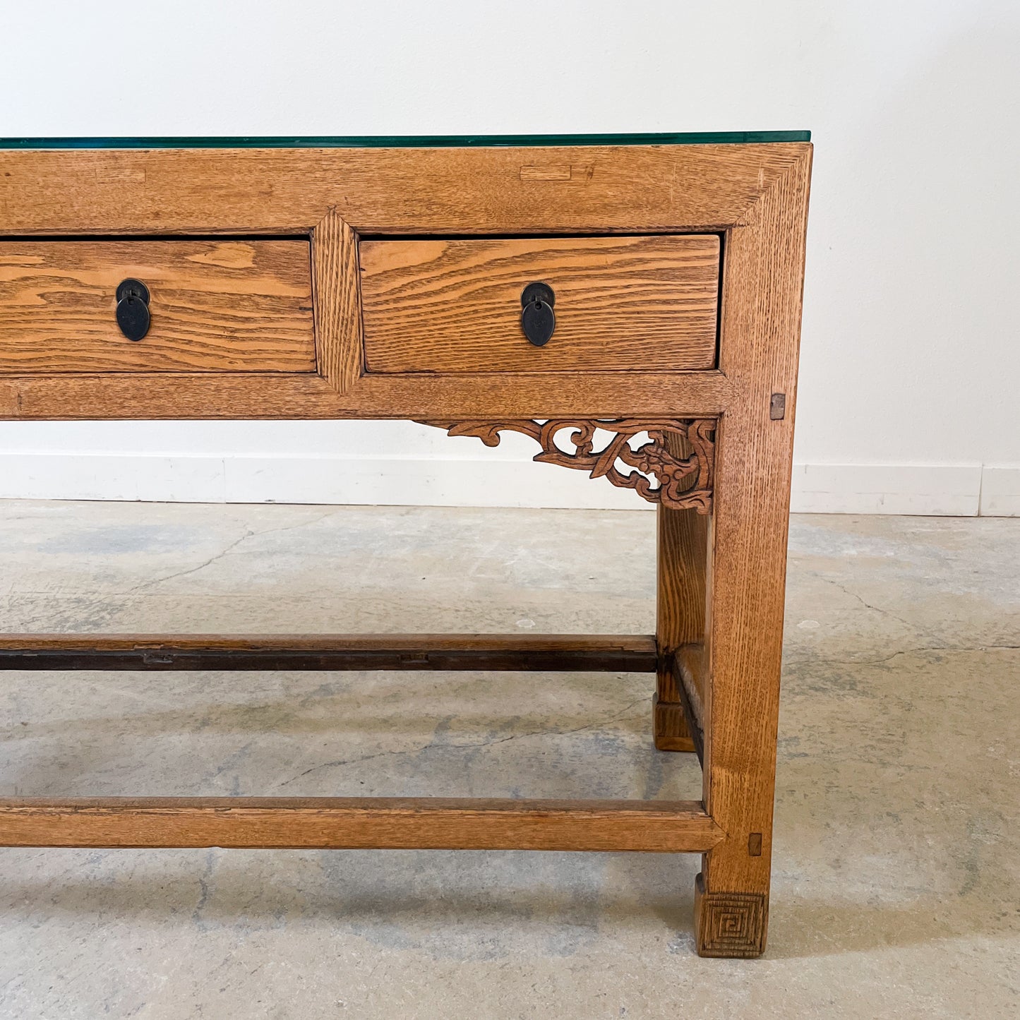 Asian Sofa Table with 3 drawers for storage and artistic scroll detail on legs