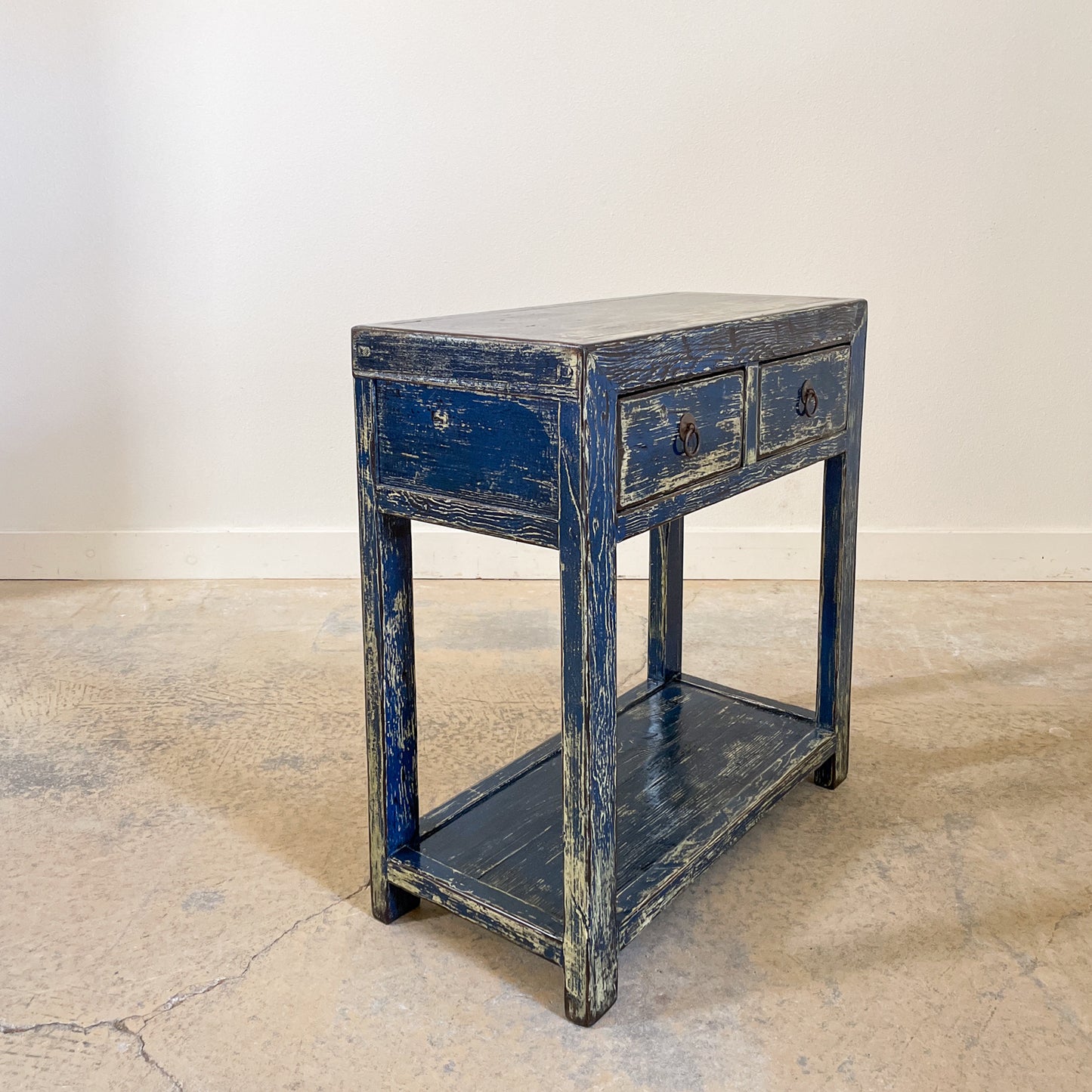 Asian 2 Drawer Small Console Table in Distress Blue