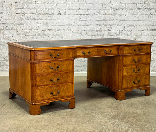 Antique Nine Drawer Birds-Eye Maple Desk with Leather Inlay