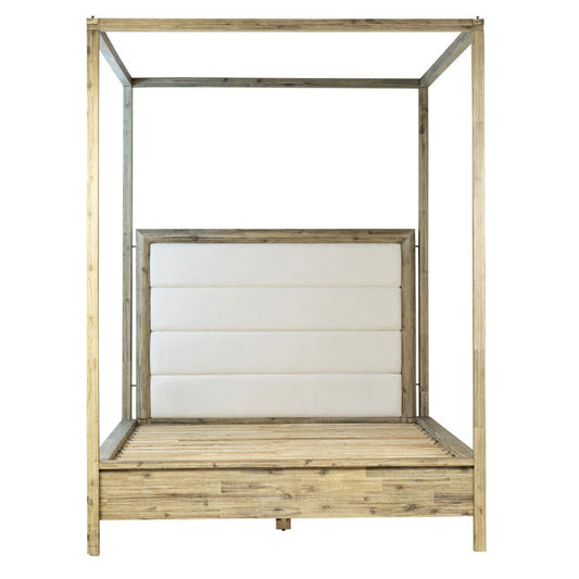 Acacia Wood with White Cotton Fabric Headboard Canopy Bed