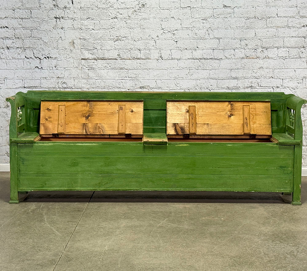 Antique European Bench with Storage, Green