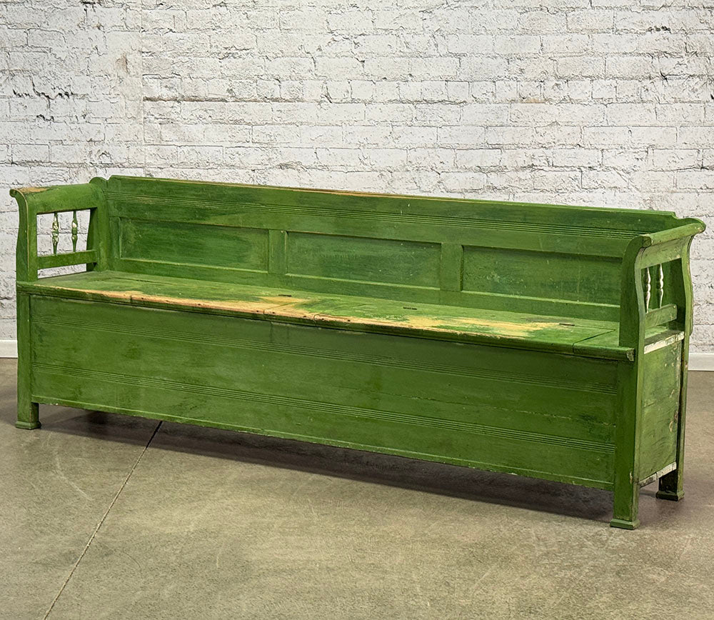 Antique European Bench with Storage, Green