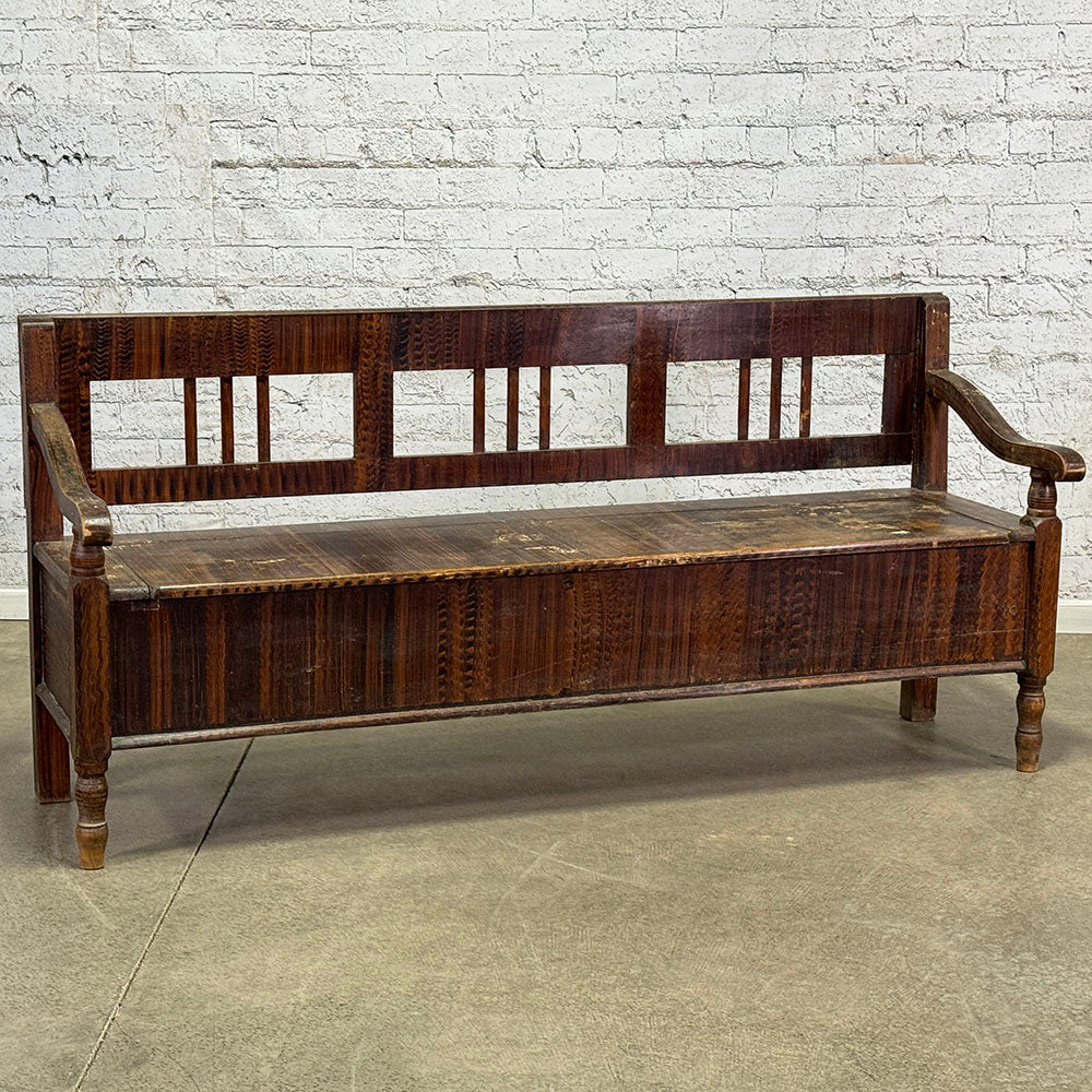 Traditional Folk Art Paint Antique European Bench with Storage