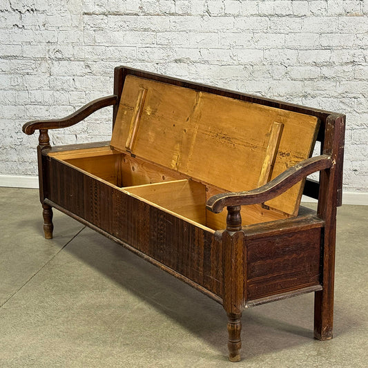 Traditional Folk Art Paint Antique European Bench with Storage