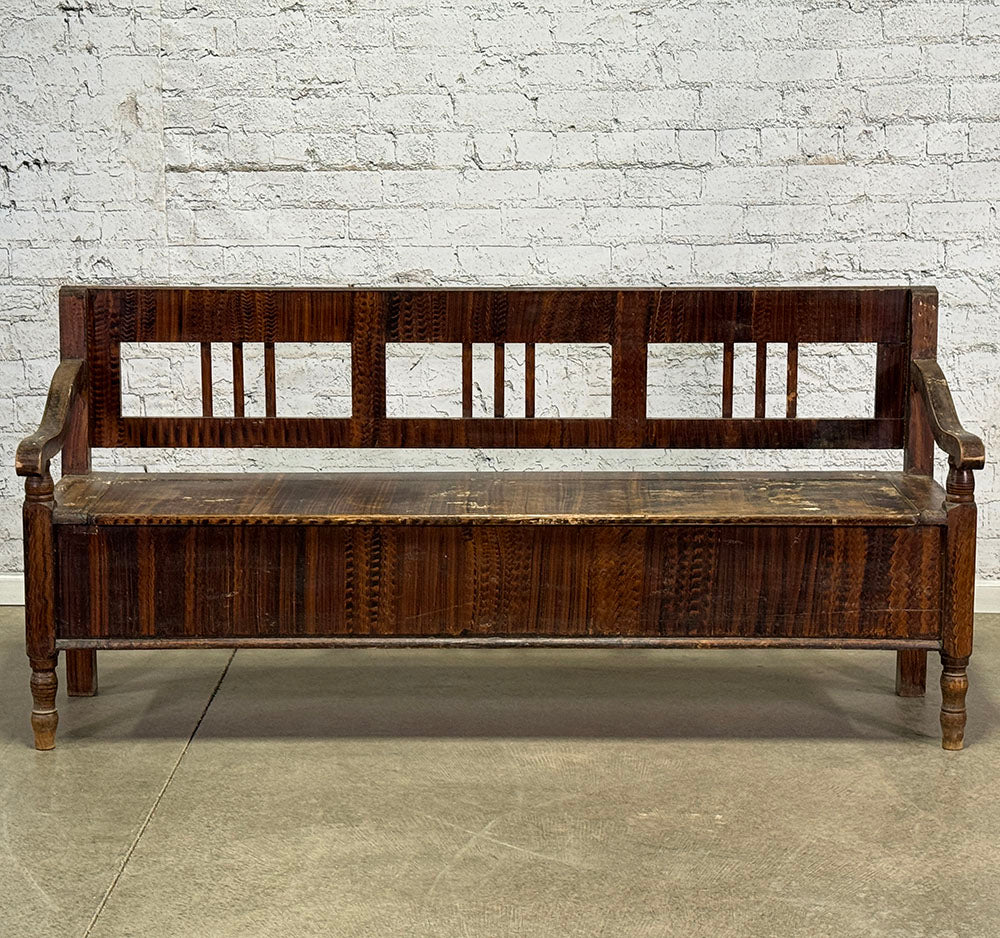 Traditional Folk Art Paint Antique European Bench with Storage
