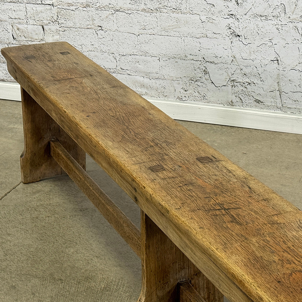 Antique English Rustic Oak Bench with Stretcher