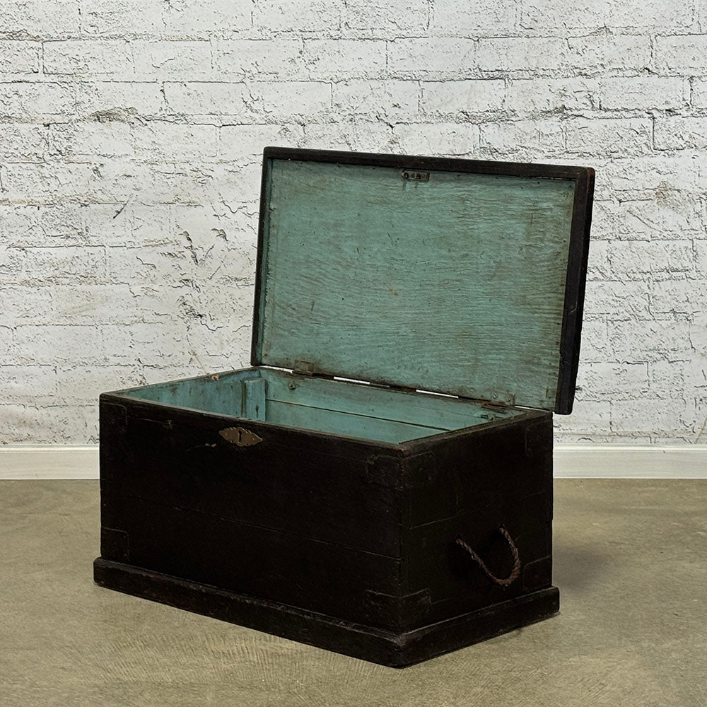 Antique English Painted Pine Rustic Box with Rope Handles