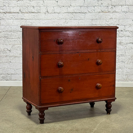 Antique English Pine Chest of Drawers with Red Varnish