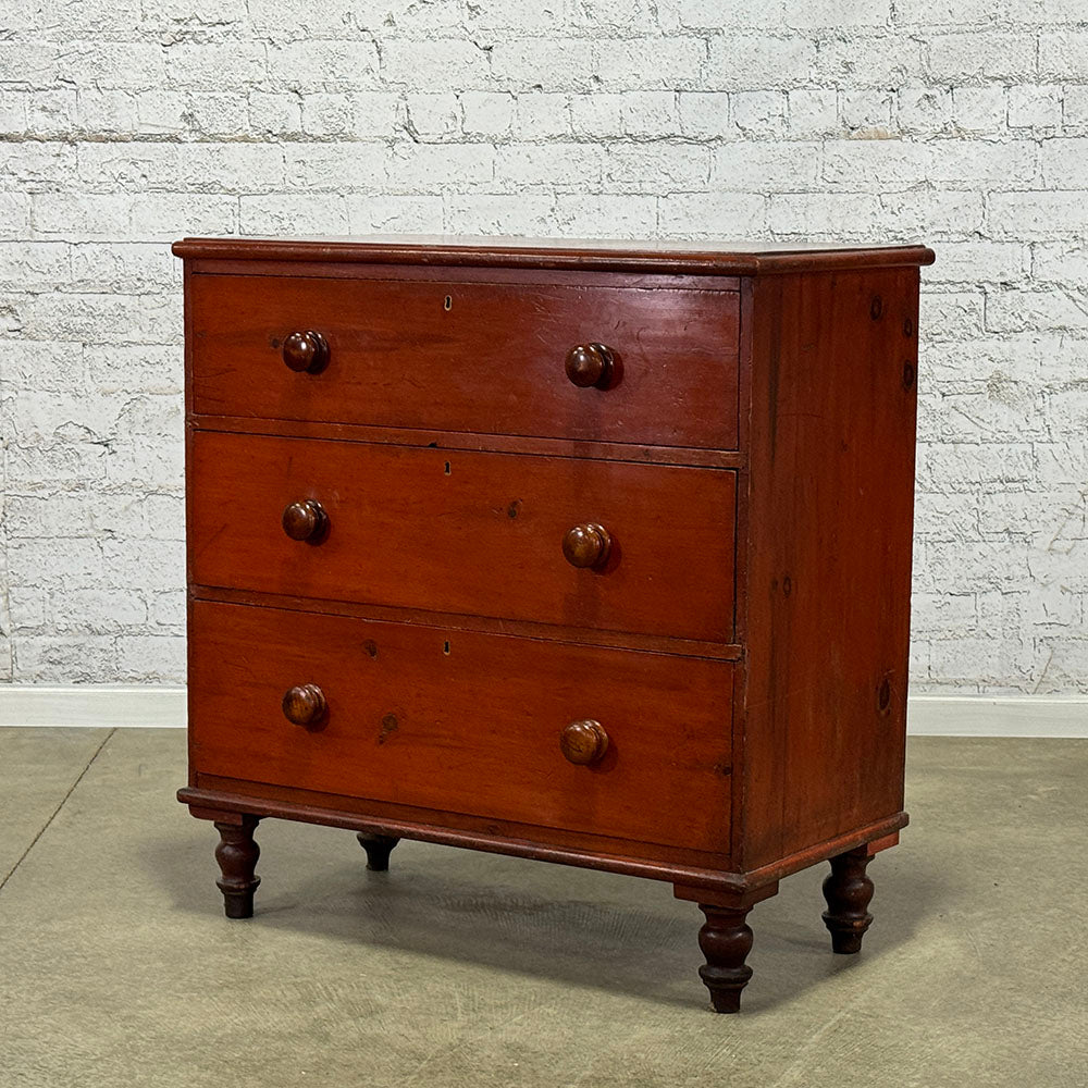 Antique English Pine Chest of Drawers with Red Varnish