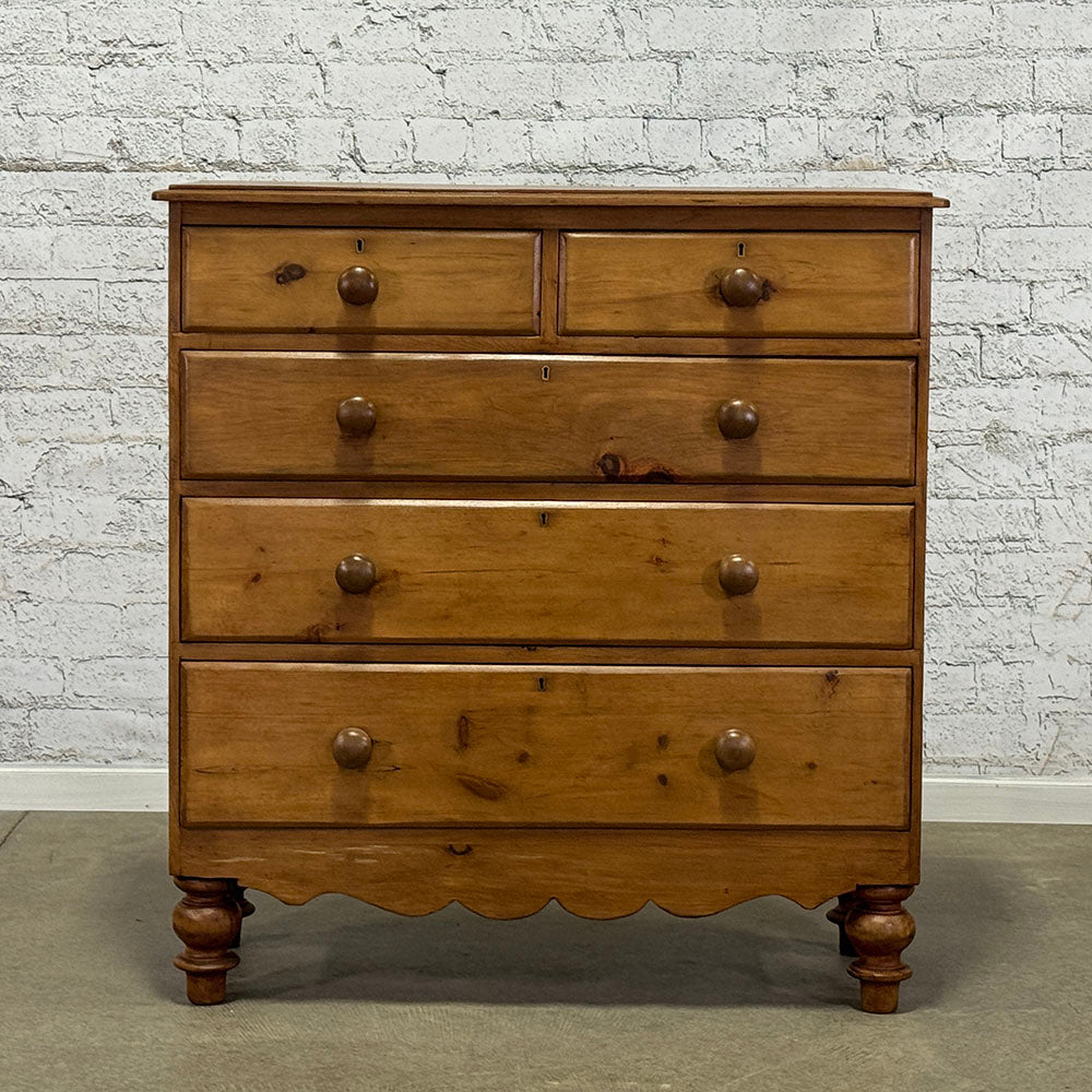 Antique English Pine Chest of Drawer with Cupid's Bow Detail
