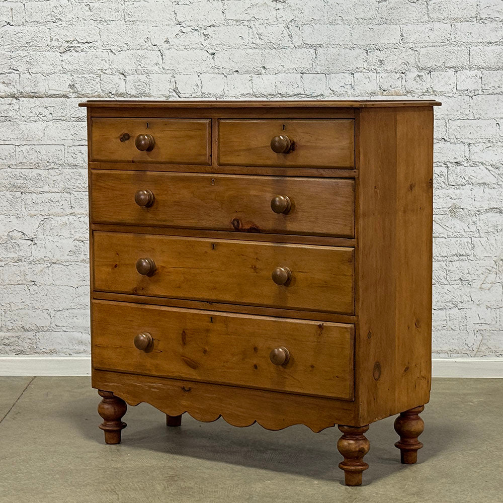 Antique English Pine Chest of Drawer with Cupid's Bow Detail