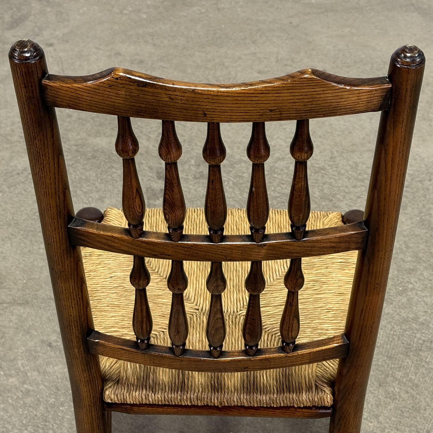 Set of Eight Vintage Spindle Back Chairs with Rush Seat