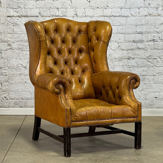 English Antique Leather Tufted Wing Chair