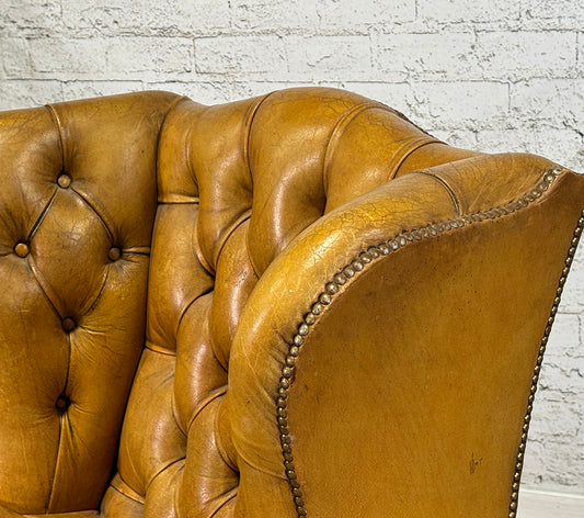 English Antique Leather Tufted Wing Chair
