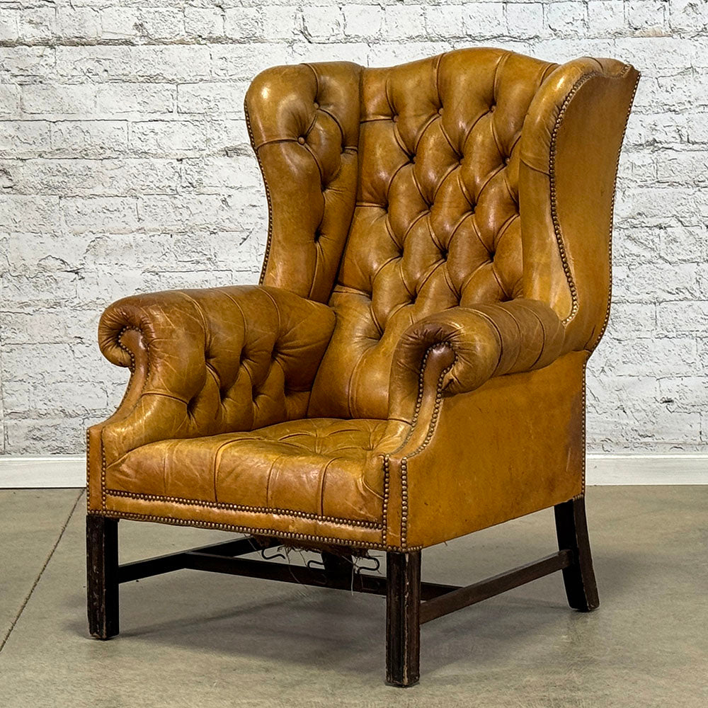 Antique English Leather Tufted Wing Chair