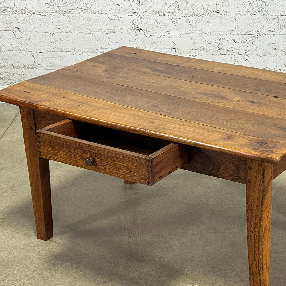 Antique French Cherry & Oak Coffee Table with Drawer, Burgundy c.1860