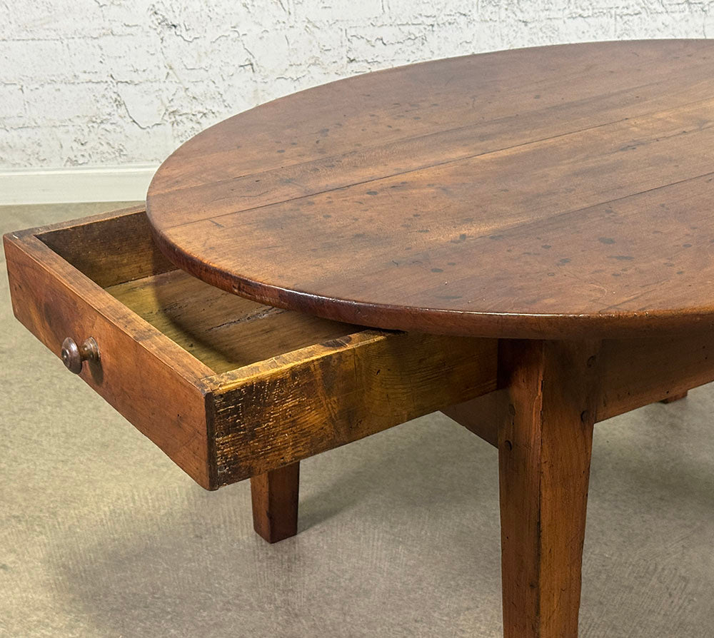 French Fruitwood Oval Coffee Table with Drawer