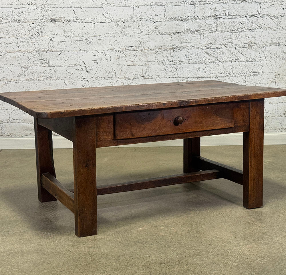 French Walnut Coffee Table with Drawer, Burgundy