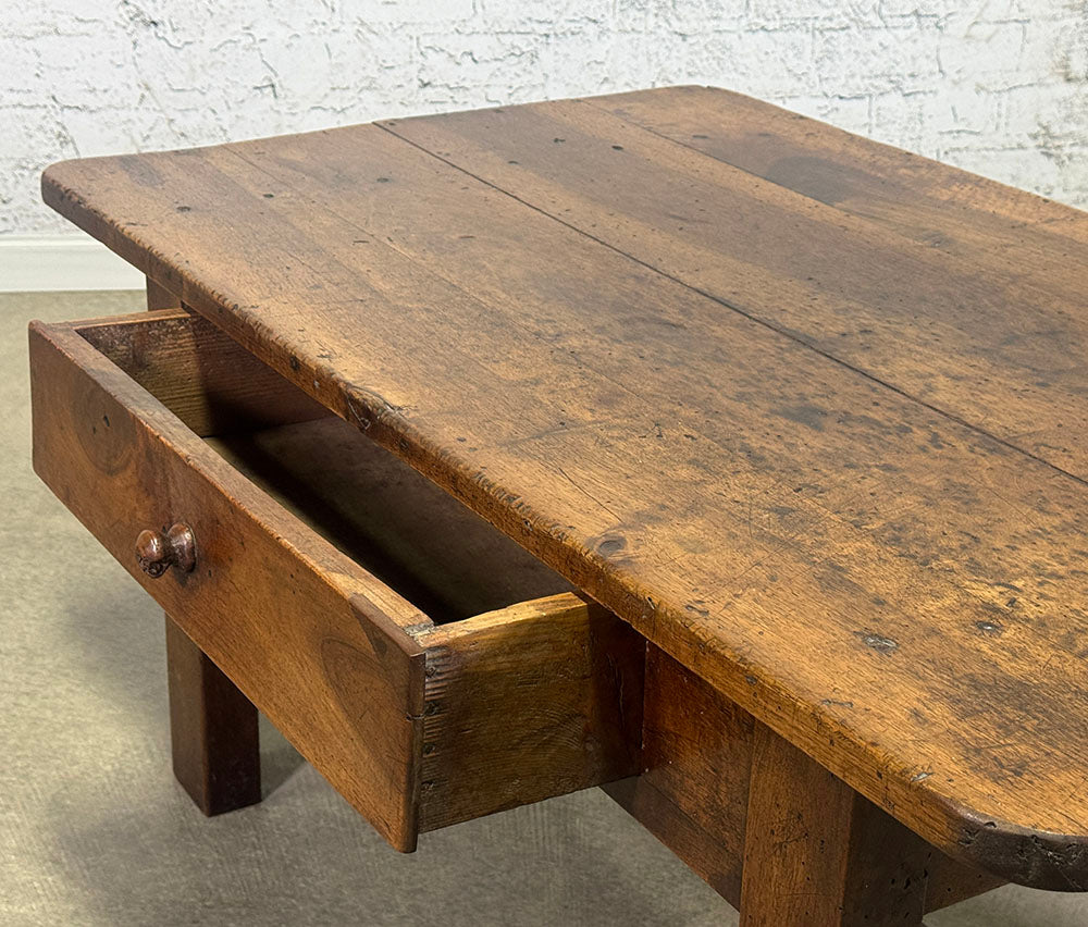 French Walnut Coffee Table with Drawer, Burgundy