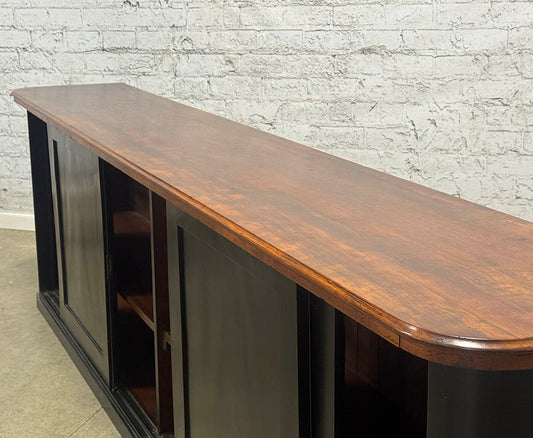 Antique Black Dresser Base with Sliding Doors and Mahogany Top