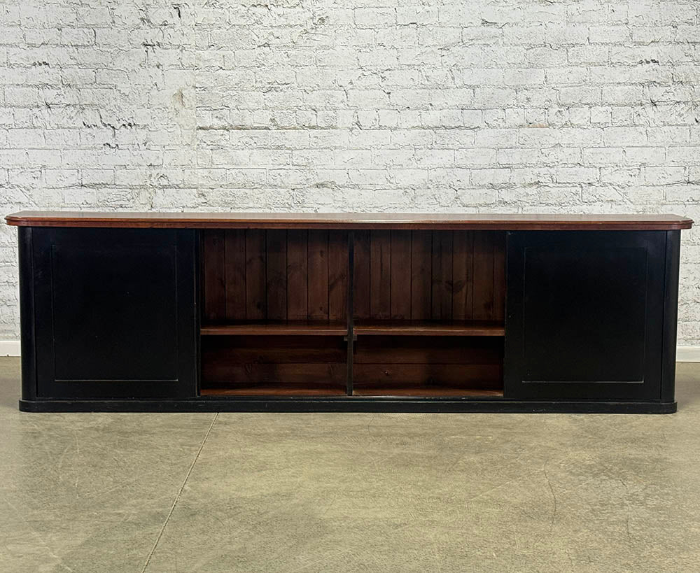 Antique Black Dresser Base with Sliding Doors and Mahogany Top