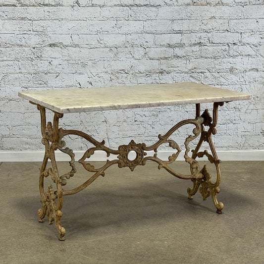 Antique English Marble Top Garden Table with Cast Iron Base