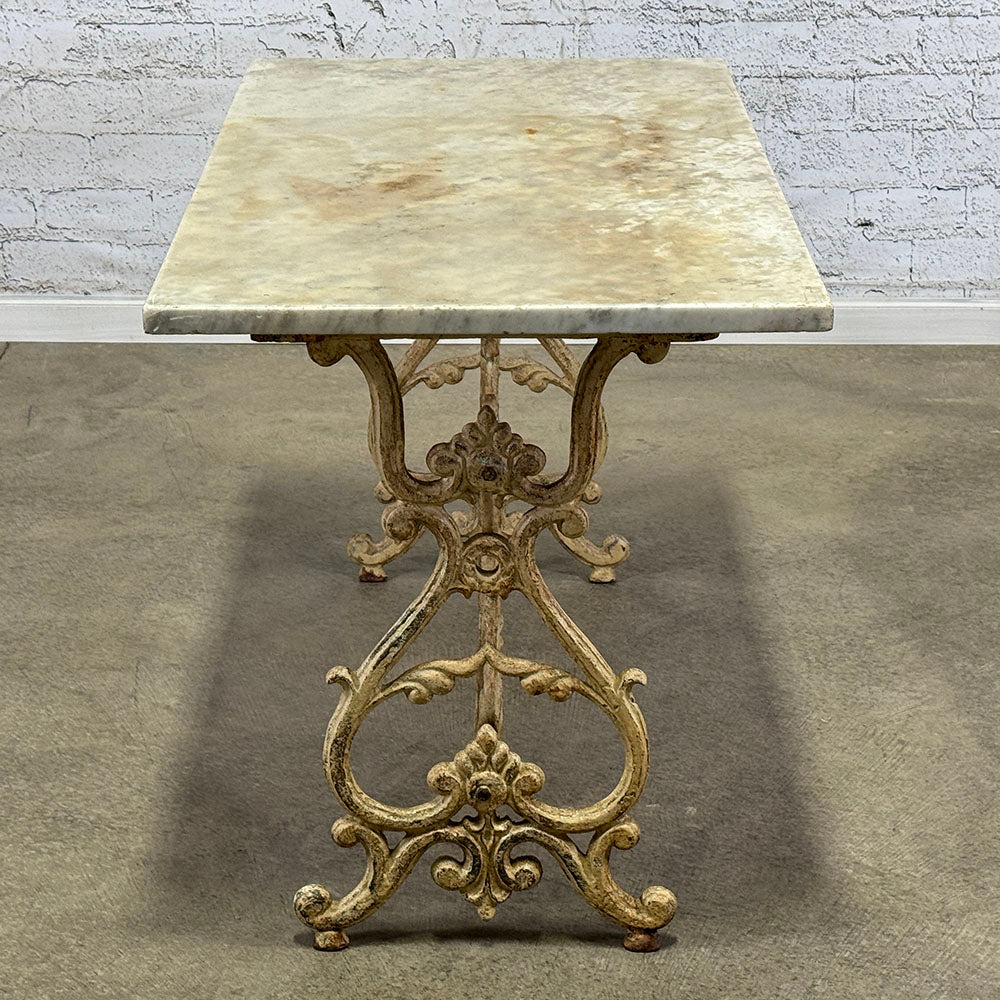 Antique English Marble Top Garden Table with Cast Iron Base