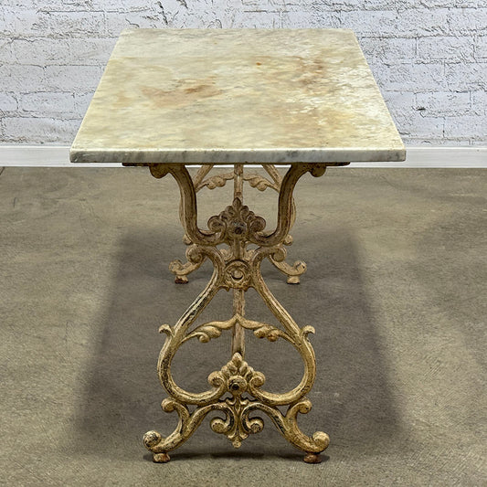Antique English Marble Top Garden Table with Cast Iron Base