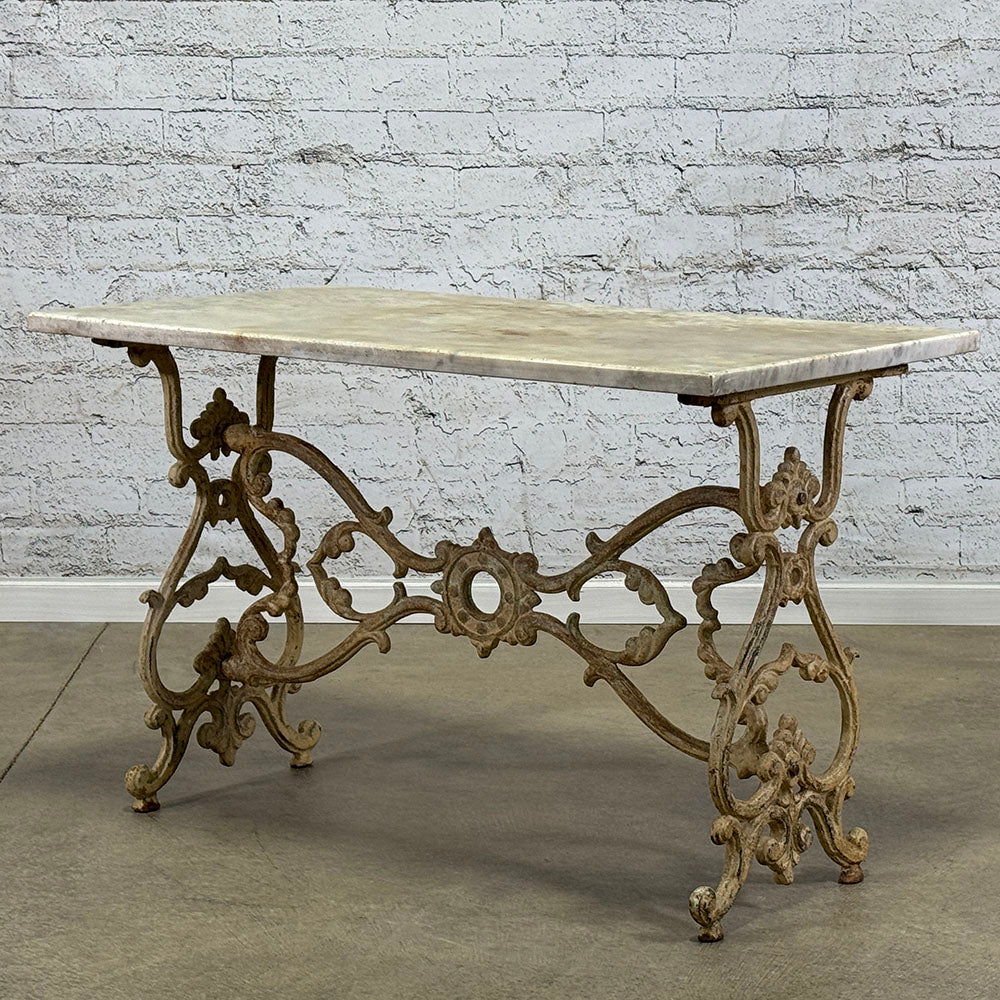Antique English Marble Top Garden Table with Cast Iron Base